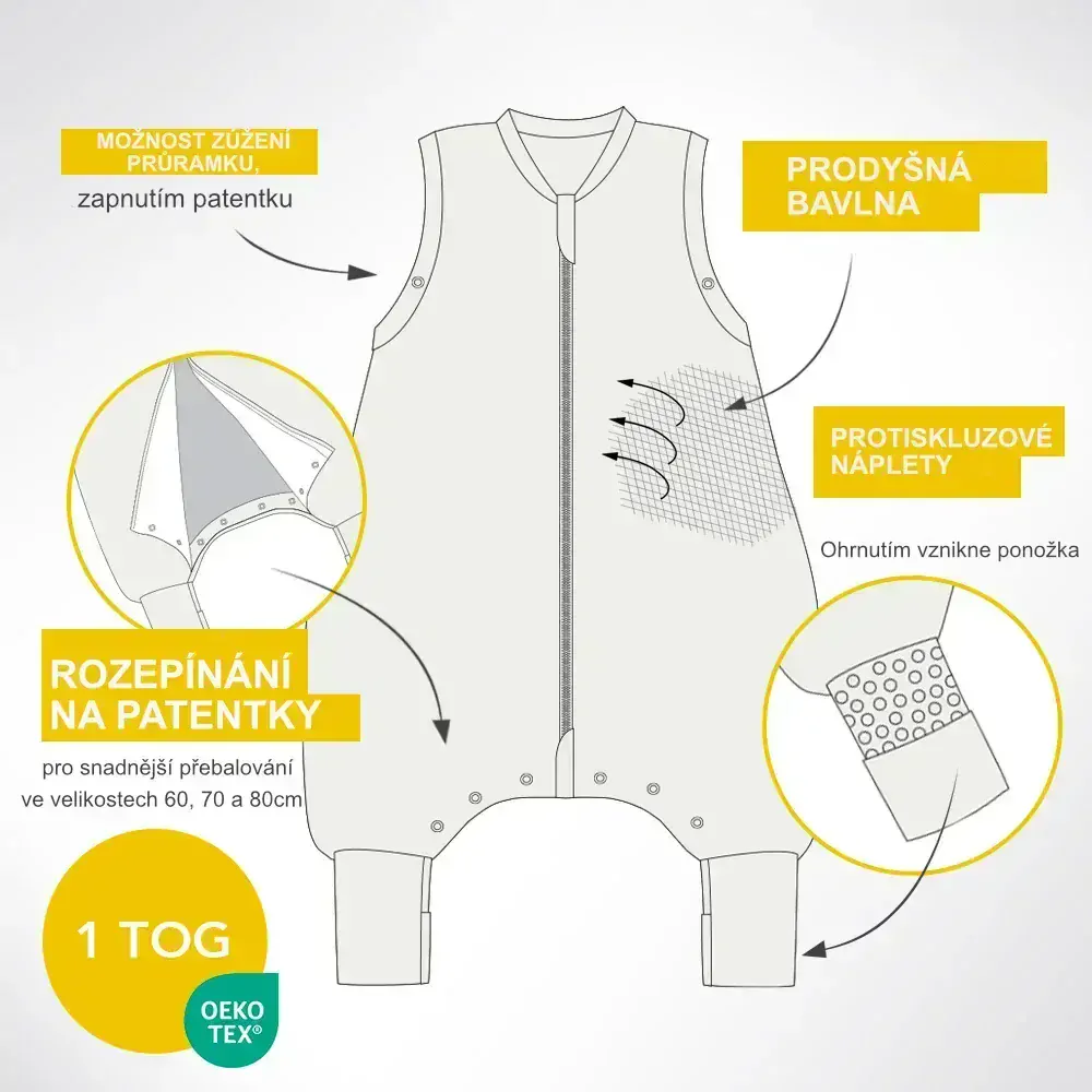 ORGANICKÁ BAVLNA - Plameňáci LETNÍ PROTISKLUZOVÝ spací pytel s nohavičkami 60cm