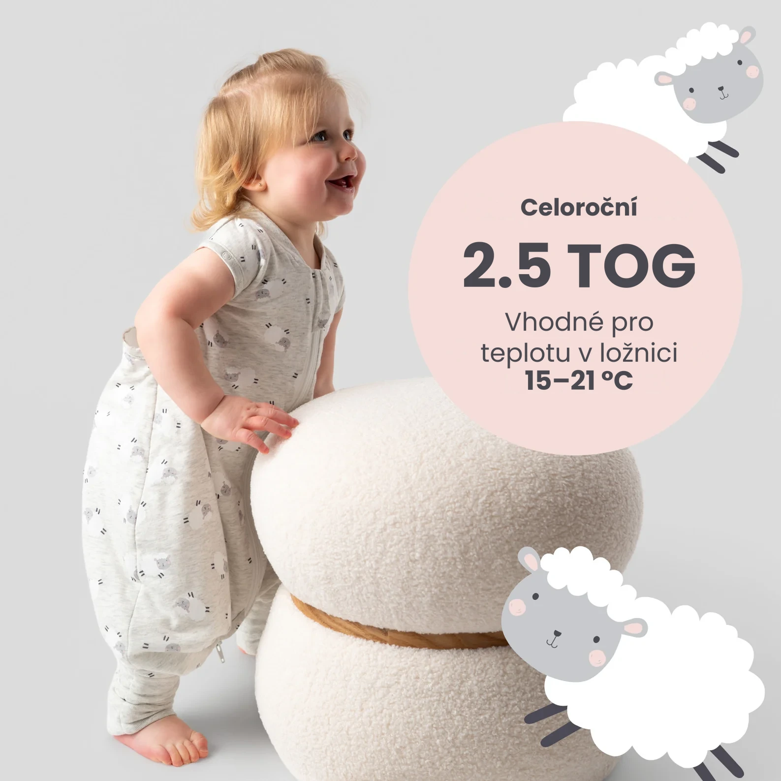 Ovečky CELOROČNÍ PROTISKLUZOVÝ spací pytel s nohavičkami a s ODEPÍNACÍMI RUKÁVY 80cm | Slumbersac