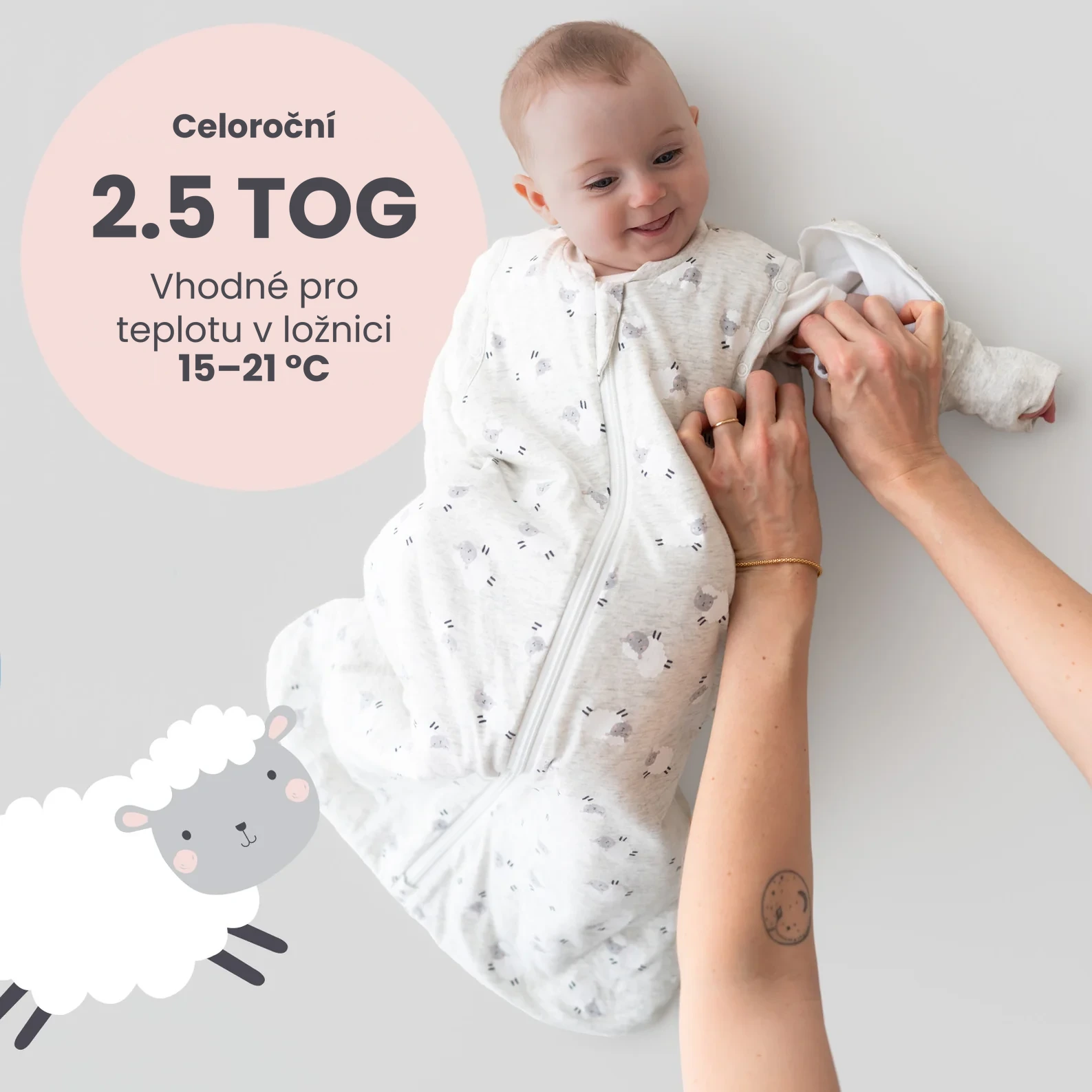 Ovečky CELOROČNÍ dětský spací pytel s ODEPÍNACÍMI rukávy 6-18měsíců, 90cm | Slumbersac